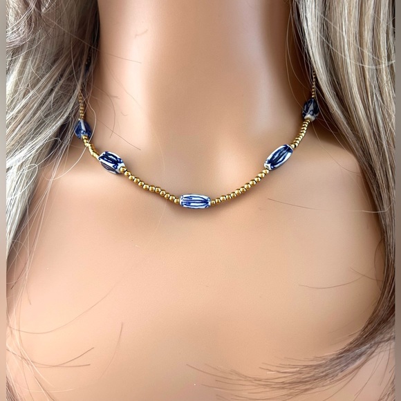 Heinen Delfts Blauw Blue and White and Gold Beaded necklace- NWT - Picture 6 of 8